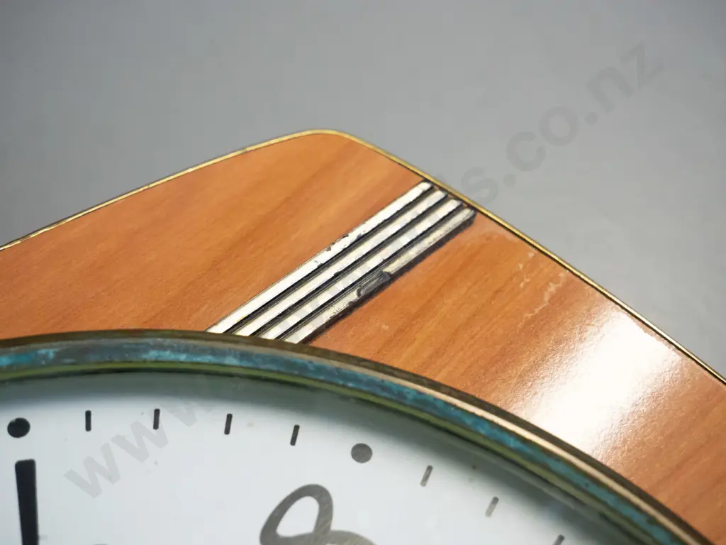 retro faux timber, brass & glass cased 'Jaz' French calendar wall clock with battery powered movement Image 1++