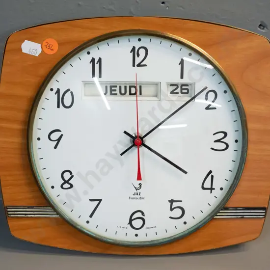 retro faux timber, brass & glass cased 'Jaz' French calendar wall clock with battery powered movement