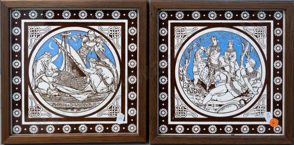 pair of timber framed Victorian Mintons tiles - King Arthur theme deigned by John Moyr Smith - one has chip to corner Image 1++