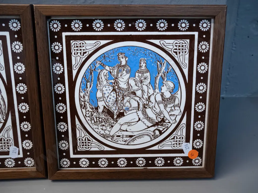 pair of timber framed Victorian Mintons tiles - King Arthur theme deigned by John Moyr Smith - one has chip to corner Image 1++