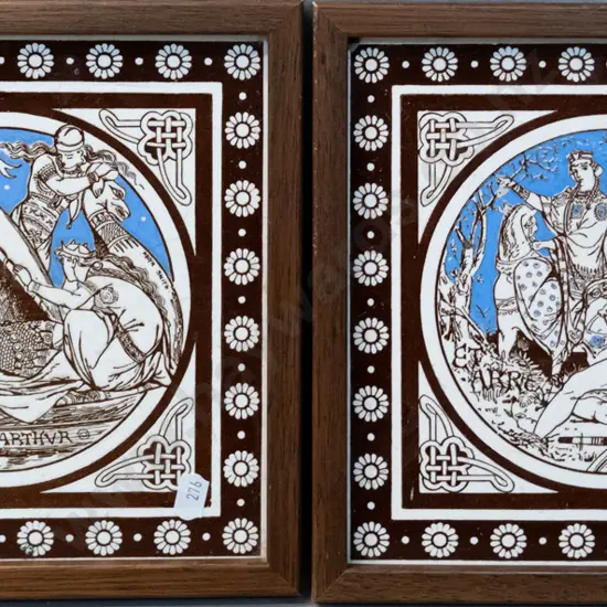 pair of timber framed Victorian Mintons tiles - King Arthur theme deigned by John Moyr Smith - one has chip to corner