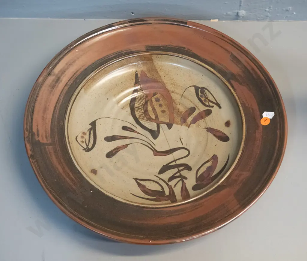 studio pottery wall charger with abstract foliage design - no maker's mark D-390 Image 1++