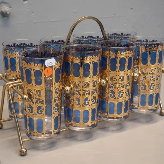 set of 8 water or highball glasses with 22k gilt decoration, in metal stand - Gulliver Glassware Co. H220 W330