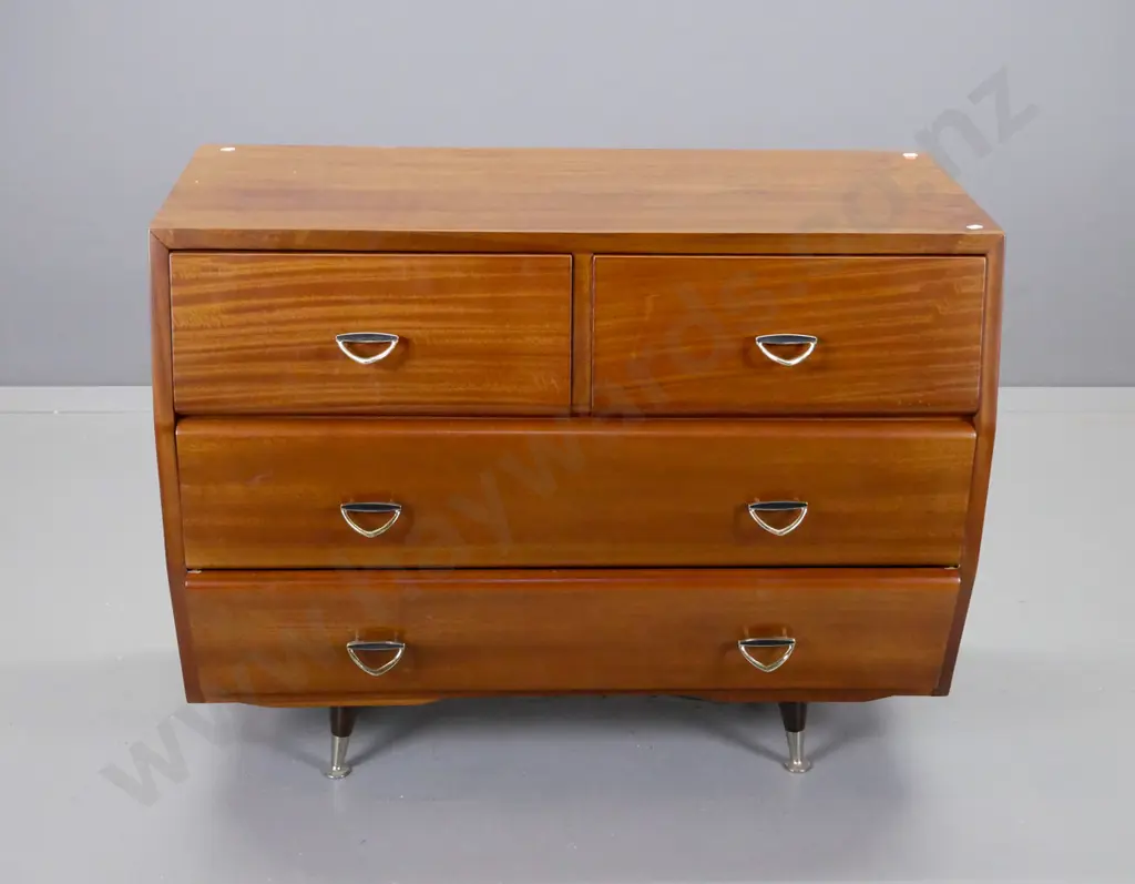 retro mahogany 4-drawer lowboy with metal diamond shaped handles, round splayed feet, has Zealandia Dunedin retail label Image 1++