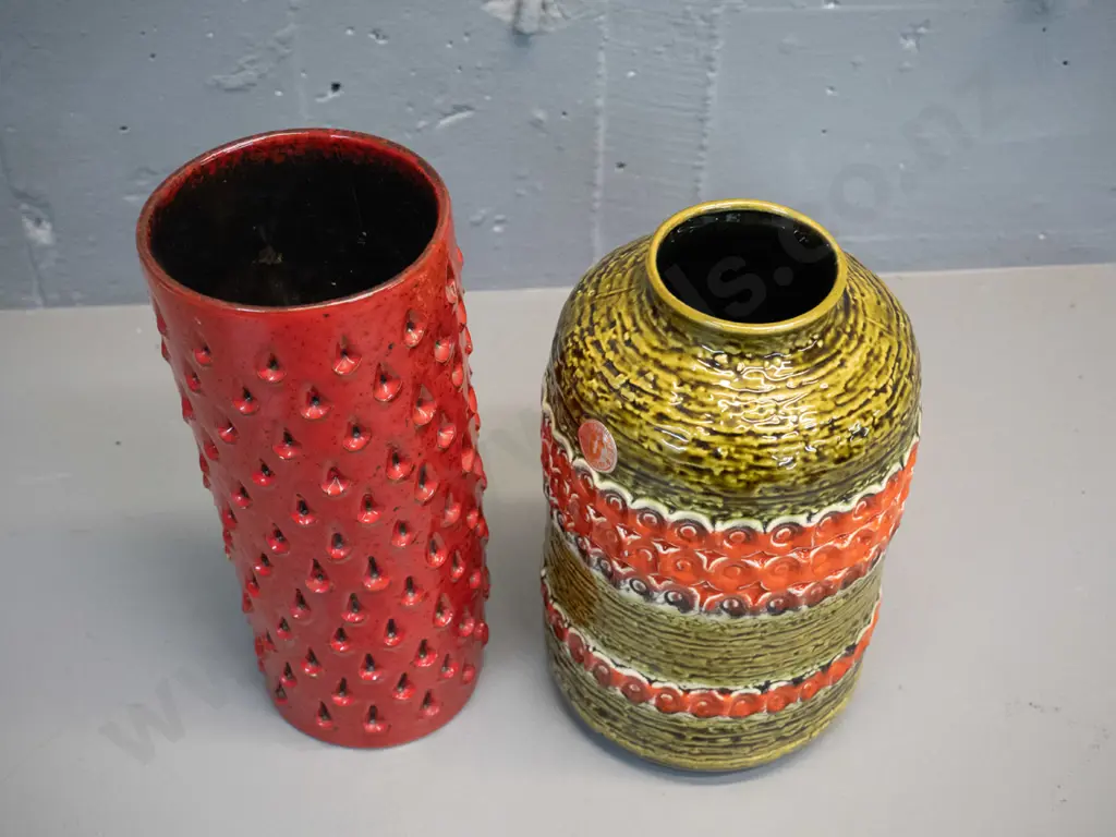 2 retro vases - German pottery Uebelecker green and orange, and an Italian with some glaze chips on raised patterning Image 1++