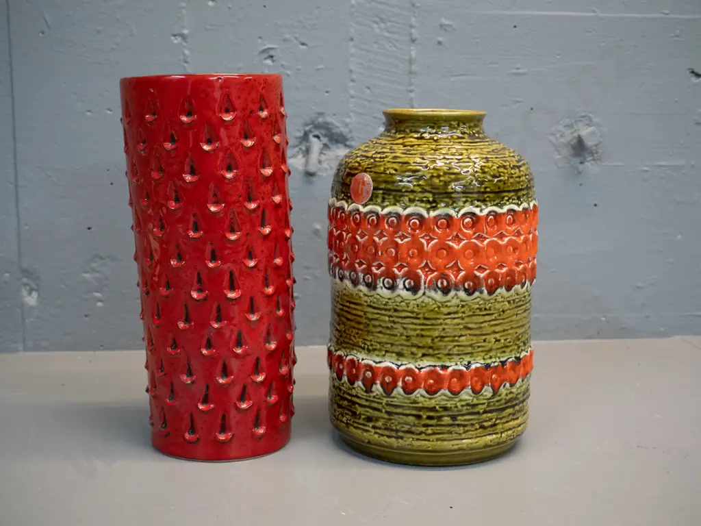 2 retro vases - German pottery Uebelecker green and orange, and an Italian with some glaze chips on raised patterning Image 1++