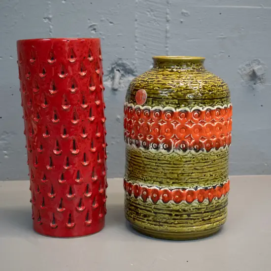 2 retro vases - German pottery Uebelecker green and orange, and an Italian with some glaze chips on raised patterning