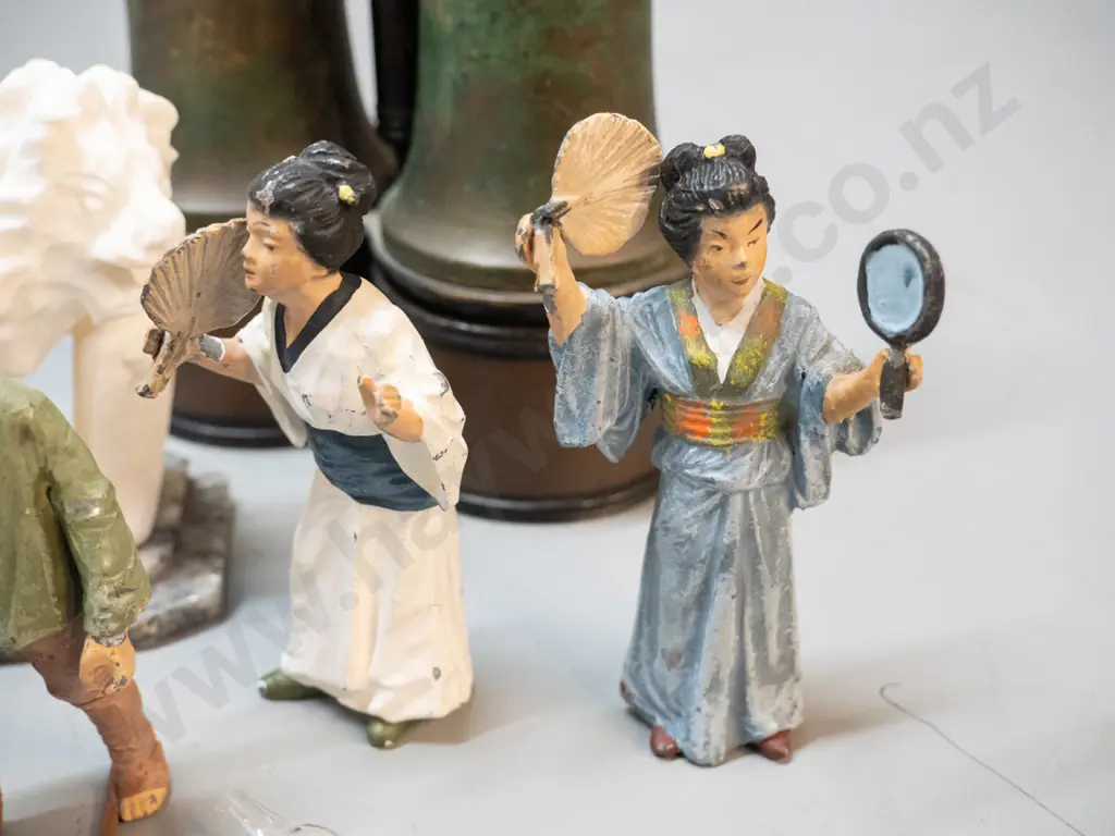 assorted small collectables - carved stone lion on marble base, 4 cast metal asian figures, vintage binoculars, carved Image 1++
