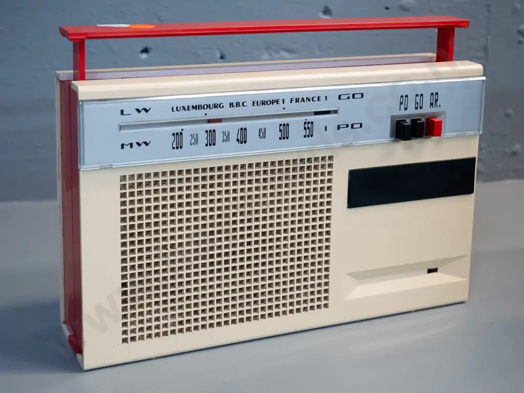 retro French Schneider 'Hoppy' plastic cased transistor radio with European station markings - untested H-180 W-235 Image 1++