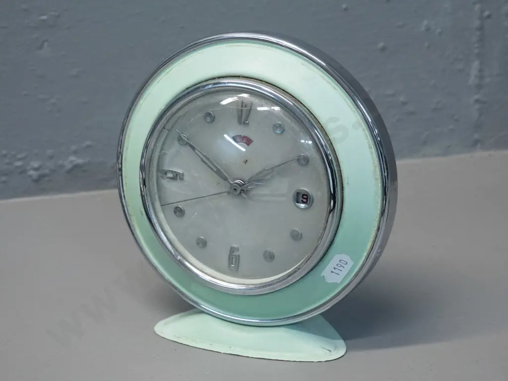 retro Hero green enamel and chrome alarm clock - made in China - some marks and wear, untested. H-170 D-160 Image 1++