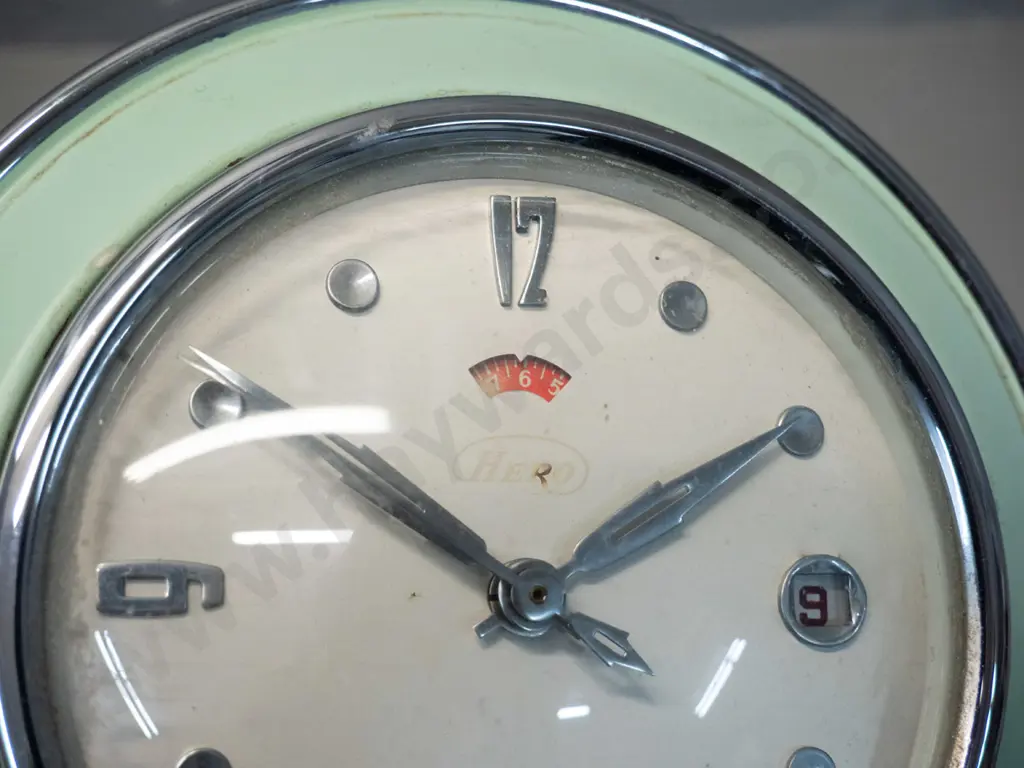 retro Hero green enamel and chrome alarm clock - made in China - some marks and wear, untested. H-170 D-160 Image 1++