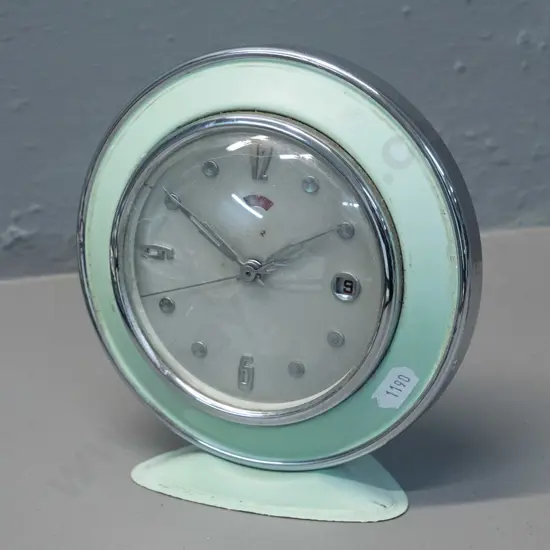 retro Hero green enamel and chrome alarm clock - made in China - some marks and wear, untested. H-170 D-160