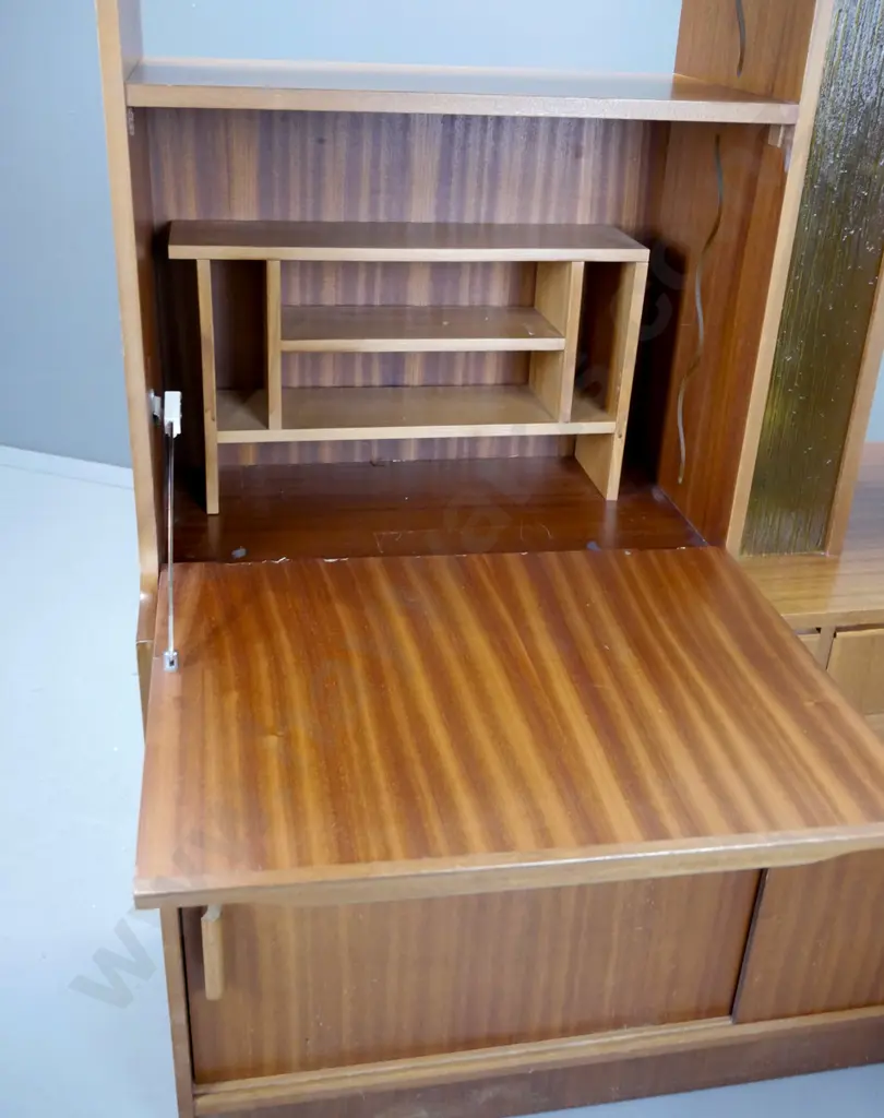 mid-century mahogany room divider with open shelves, 2 glass sliding doors, mirrored display area with glass shelf, Image 1++