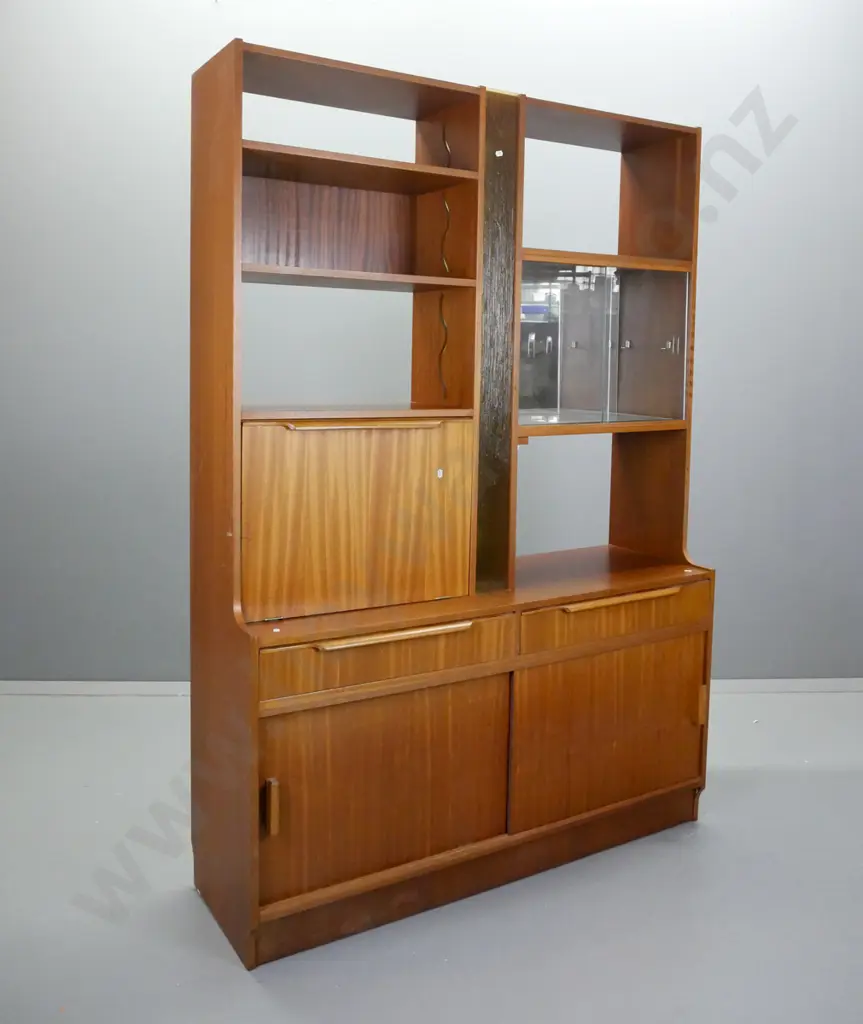mid-century mahogany room divider with open shelves, 2 glass sliding doors, mirrored display area with glass shelf, Image 1++