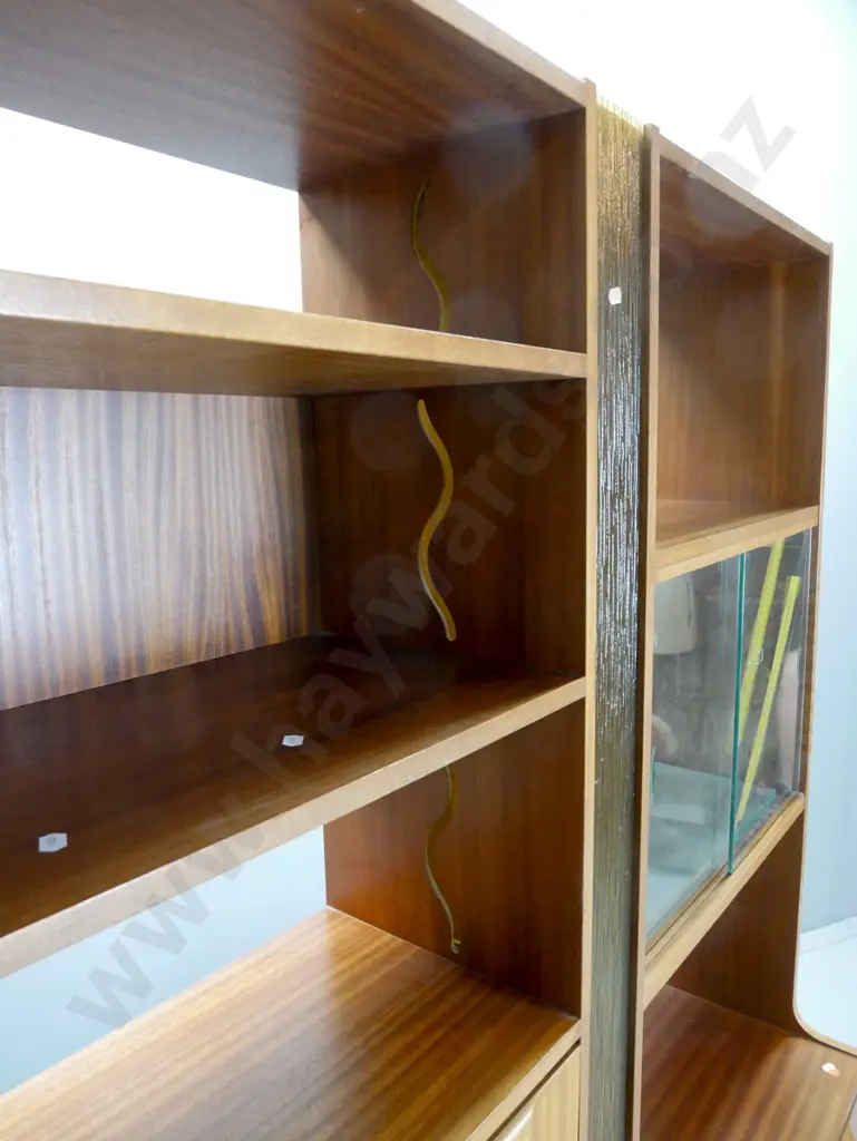mid-century mahogany room divider with open shelves, 2 glass sliding doors, mirrored display area with glass shelf, Image 1++