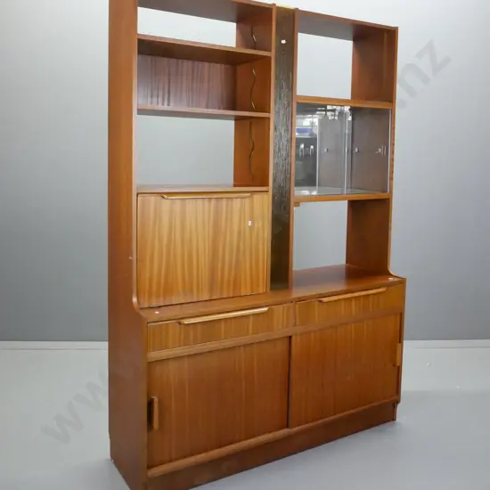 mid-century mahogany room divider with open shelves, 2 glass sliding doors, mirrored display area with glass shelf,