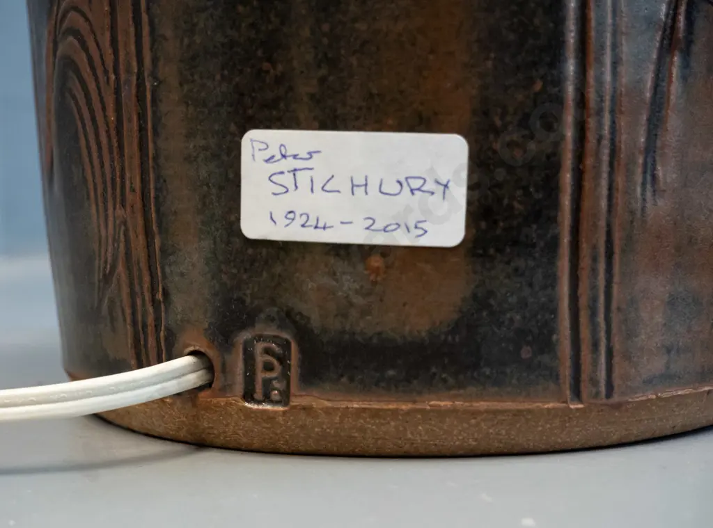large Peter Stichbury NZ studio pottery table lamp with stained fabric shade. Combined H-640, Pottery base H-330 D-190 Image 1++