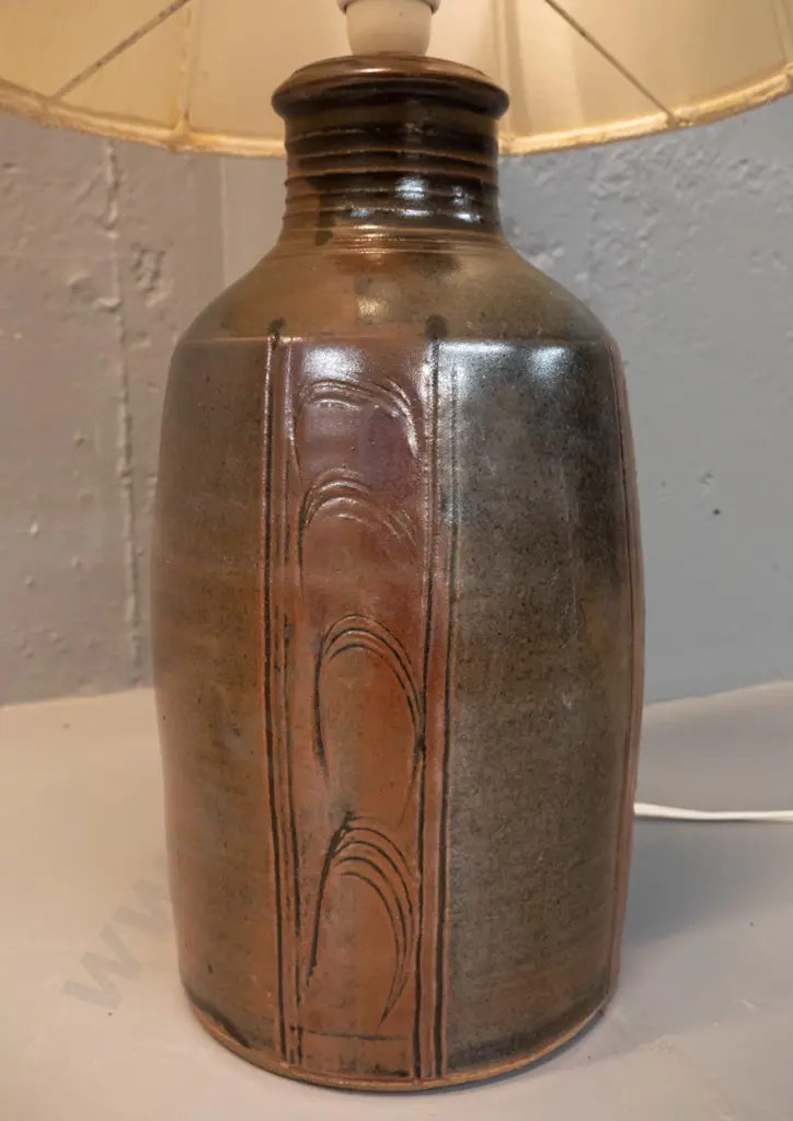 large Peter Stichbury NZ studio pottery table lamp with stained fabric shade. Combined H-640, Pottery base H-330 D-190 Image 1++