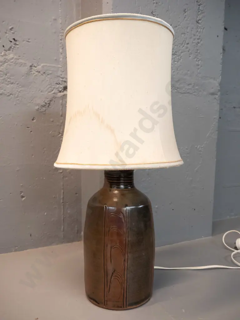 large Peter Stichbury NZ studio pottery table lamp with stained fabric shade. Combined H-640, Pottery base H-330 D-190 Image 1++