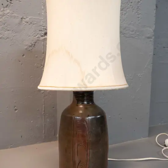 large Peter Stichbury NZ studio pottery table lamp with stained fabric shade. Combined H-640, Pottery base H-330 D-190