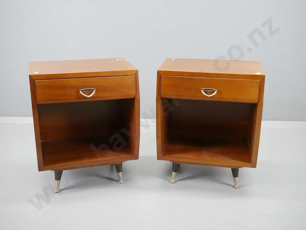 pair retro mahogany single drawer bedside cabinets w/metal diamond shaped handles, round splayed feet, has Zealandia Image 1++