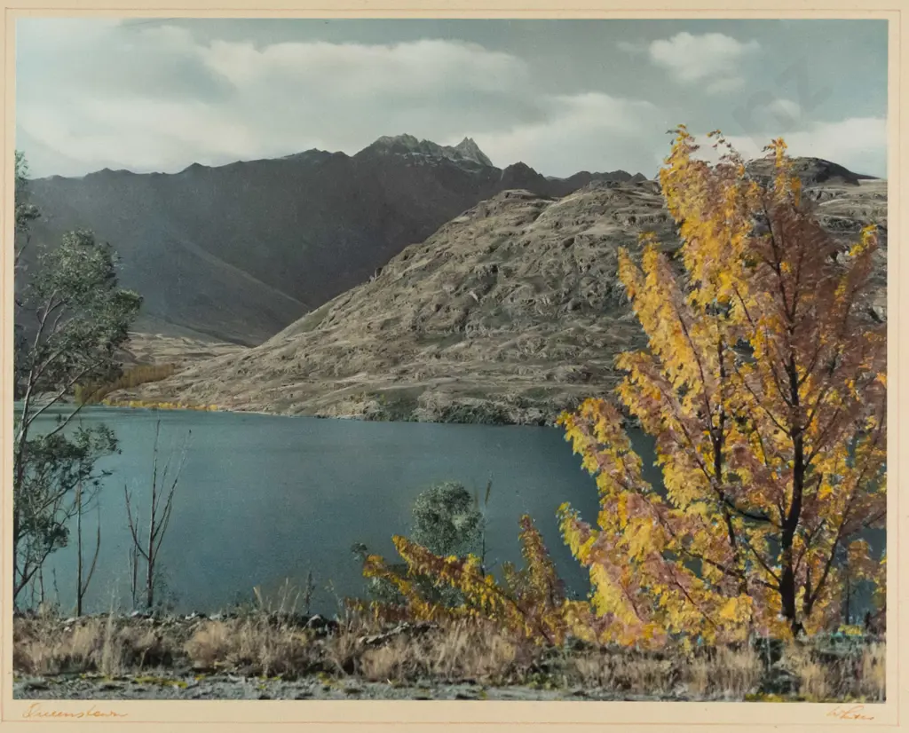 framed Whites Aviation hand coloured photograph - Queenstown H-290 W-360 (foxing to mat) Image 1++