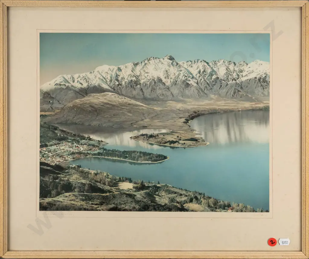 framed Whites Aviation hand coloured photograph - Queenstown H-290 W-360 (foxing to mat) Image 1++