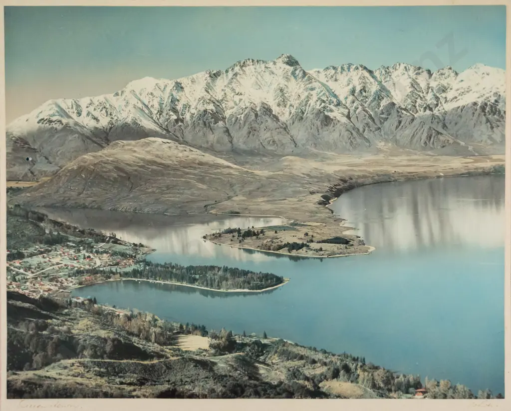 framed Whites Aviation hand coloured photograph - Queenstown H-290 W-360 (foxing to mat) Image 1++