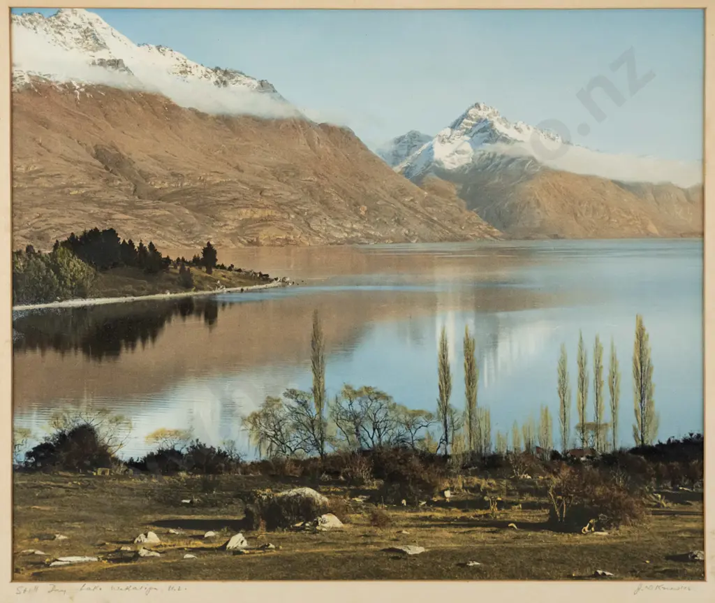 framed JD Knowles hand coloured photograph - Still Bay, Lake Wakatipu H-240 W-290 (foxing to mat) Image 1++