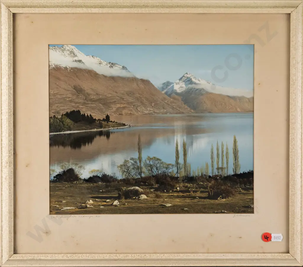 framed JD Knowles hand coloured photograph - Still Bay, Lake Wakatipu H-240 W-290 (foxing to mat) Image 1++