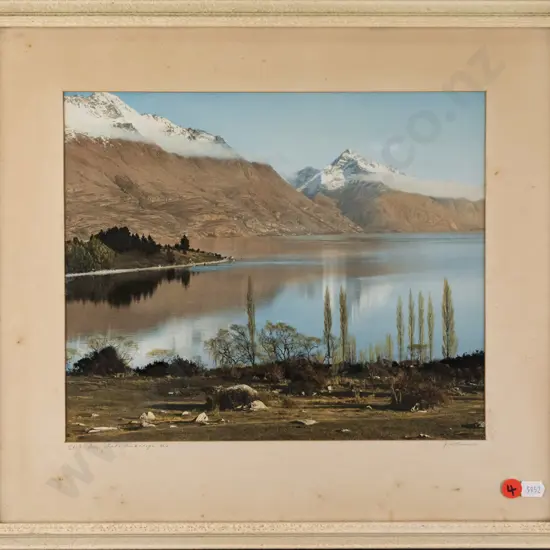 framed JD Knowles hand coloured photograph - Still Bay, Lake Wakatipu H-240 W-290 (foxing to mat)