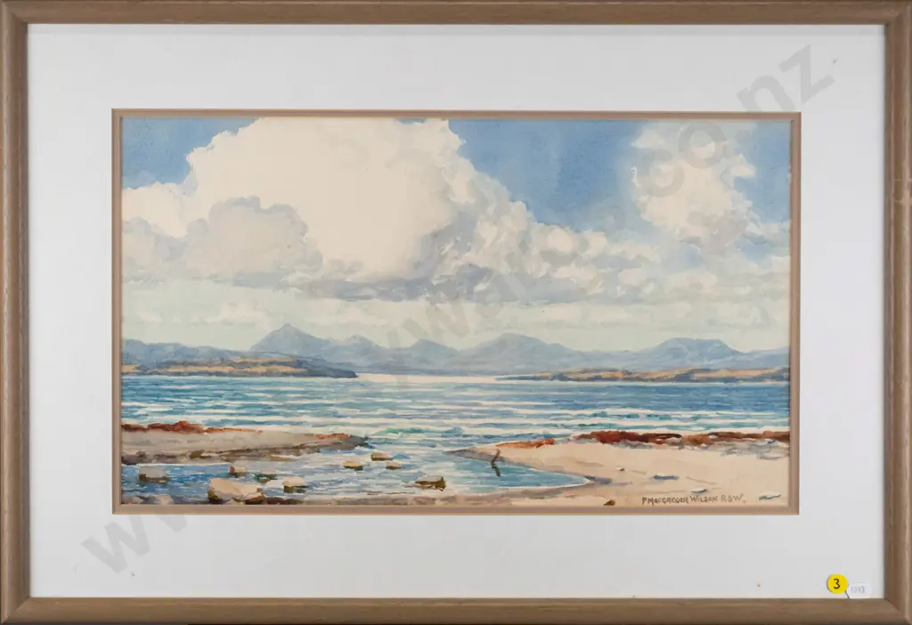 P MacGregor Wilson - framed watercolour - coastal scene (slight foxing) H - 270 W - 470 Image 1++