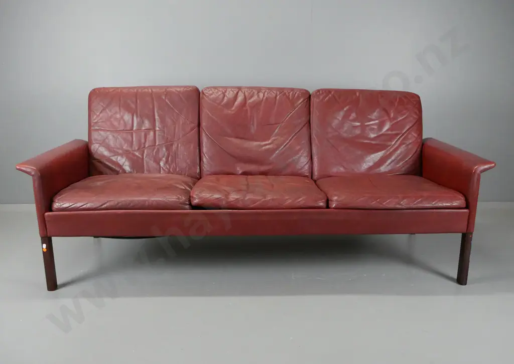 1960s vintage Han Olsen (Denmark) red leather 3-seater settee - a few small orange paint flecks, overall usage wear to Image 1++