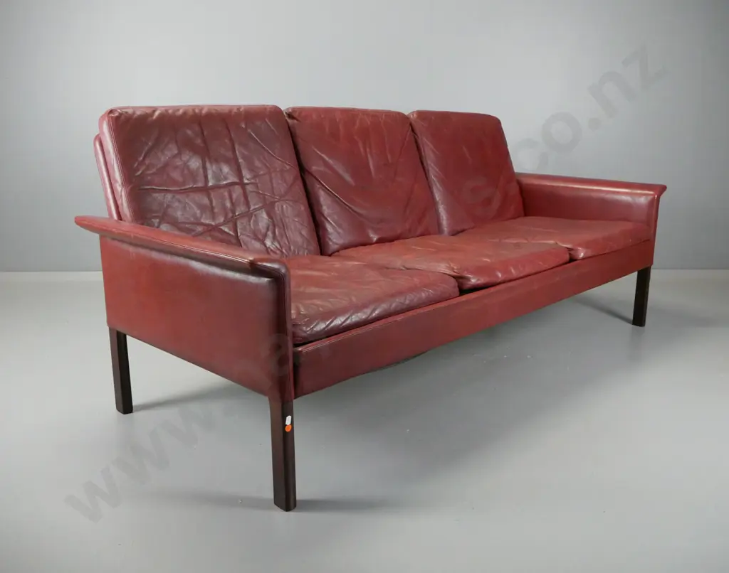 1960s vintage Han Olsen (Denmark) red leather 3-seater settee - a few small orange paint flecks, overall usage wear to Image 1++