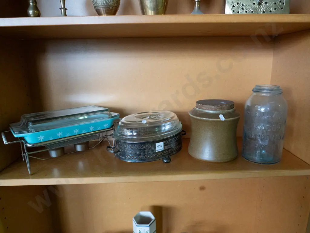 shelf of Pyrex serving dishes, Temuka pottery canister, Masons jar etc. Image 1++
