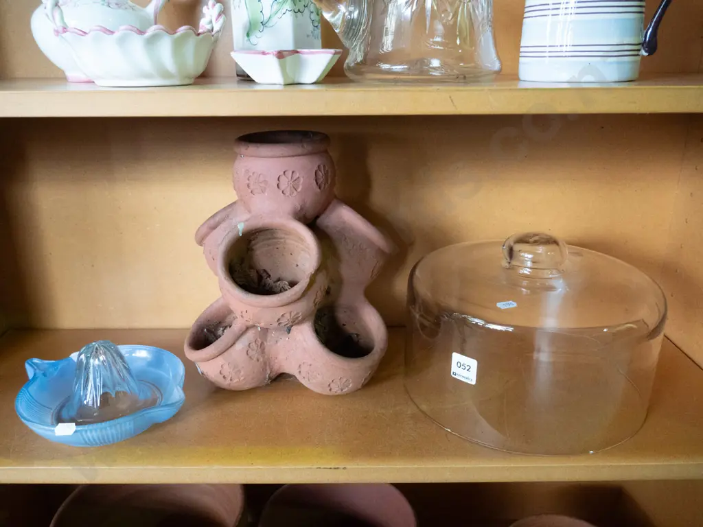 small terracotta strawberry planter, glass cover jar, lemon squeezer Image 1++