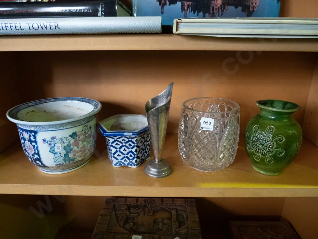 shelf of garden planters, cut glass bowl, vases Image 1++