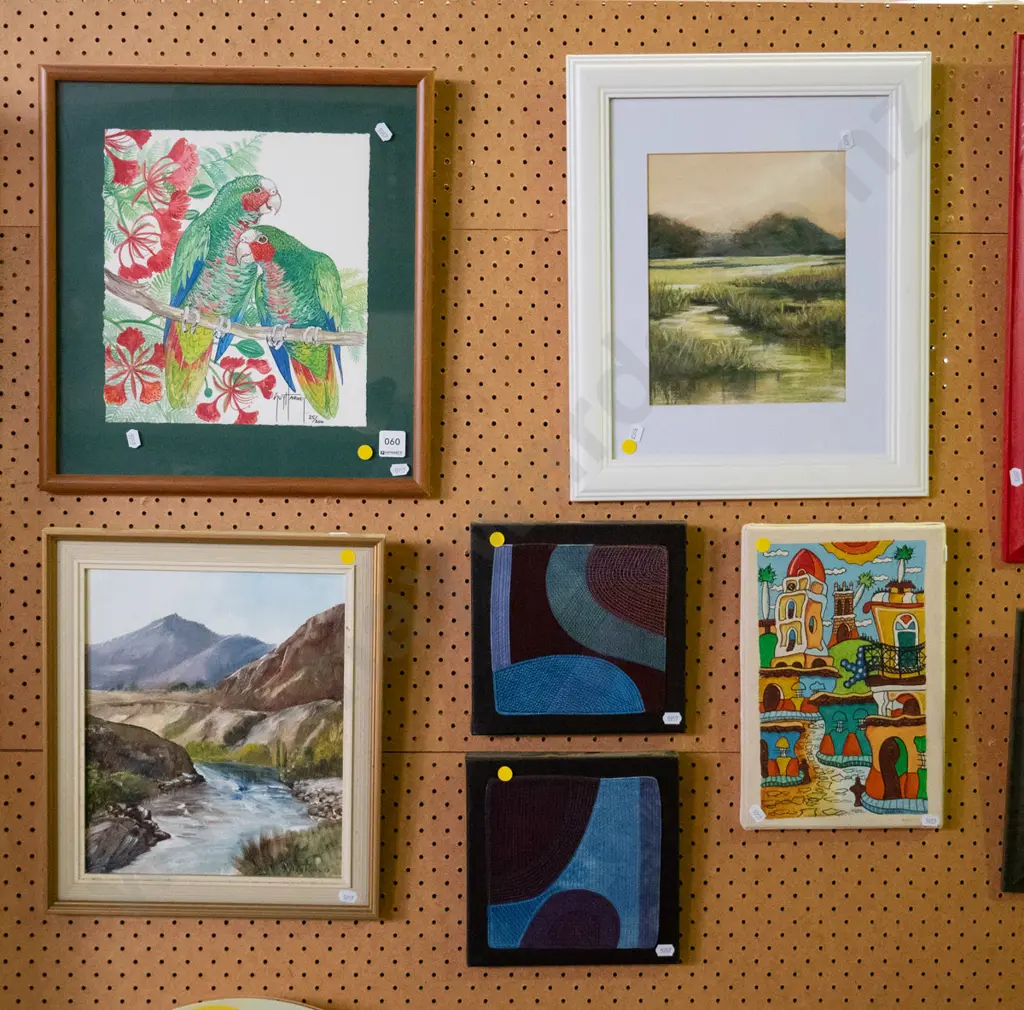 6 various artworks - prints, oils, needleworks Image 1++