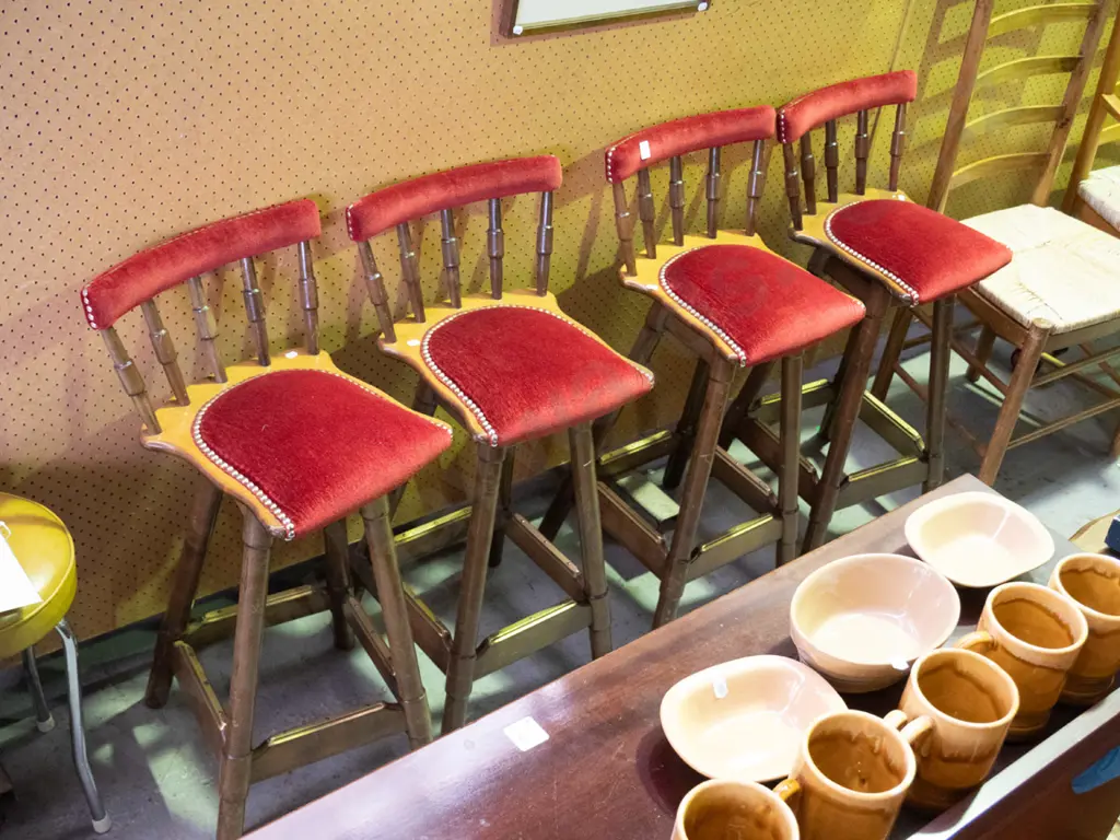 4 unusual wood, brass and red velvet spindle back bar stools Image 1++