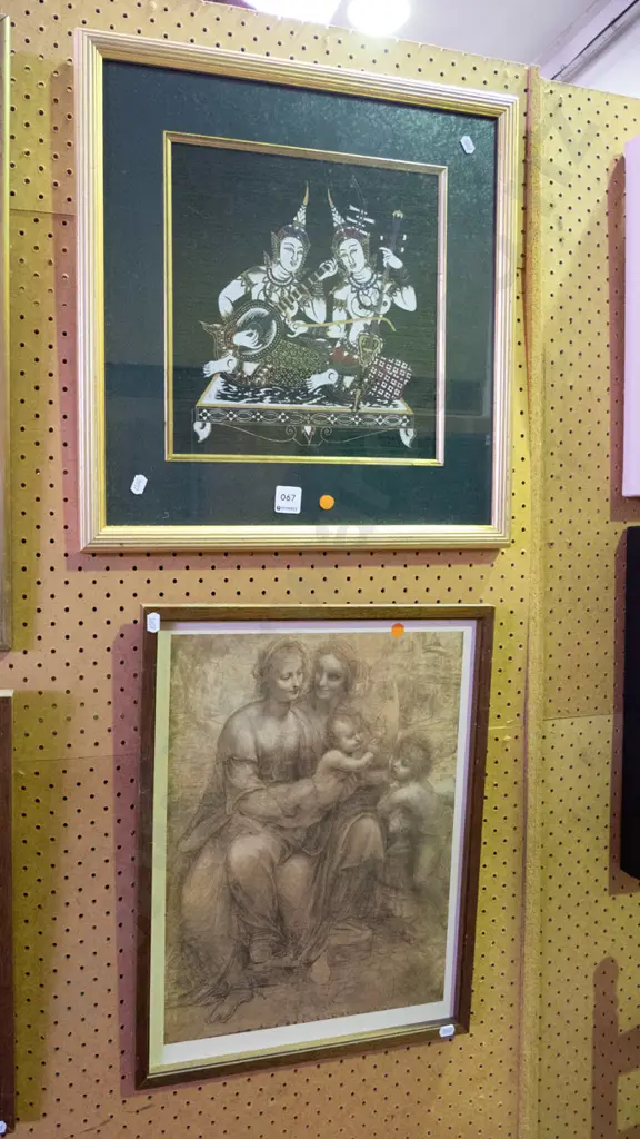 framed Indonesian screen print on fabric and framed renaissance style print - orange dots Image 1++