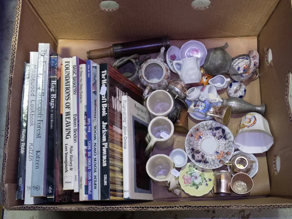 box of books, studio pottery coffee cups, copper miniatures, etc. Image 1++