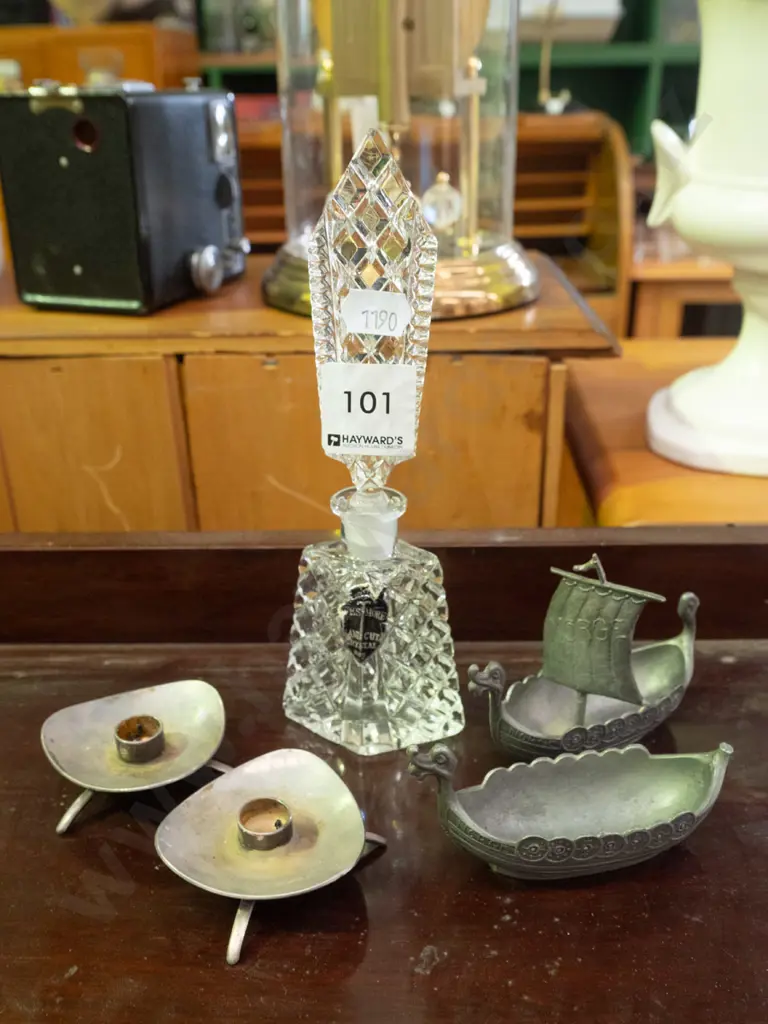 deco perfume bottle, 2 small candlesticks, 2 pewter viking boats Image 1++