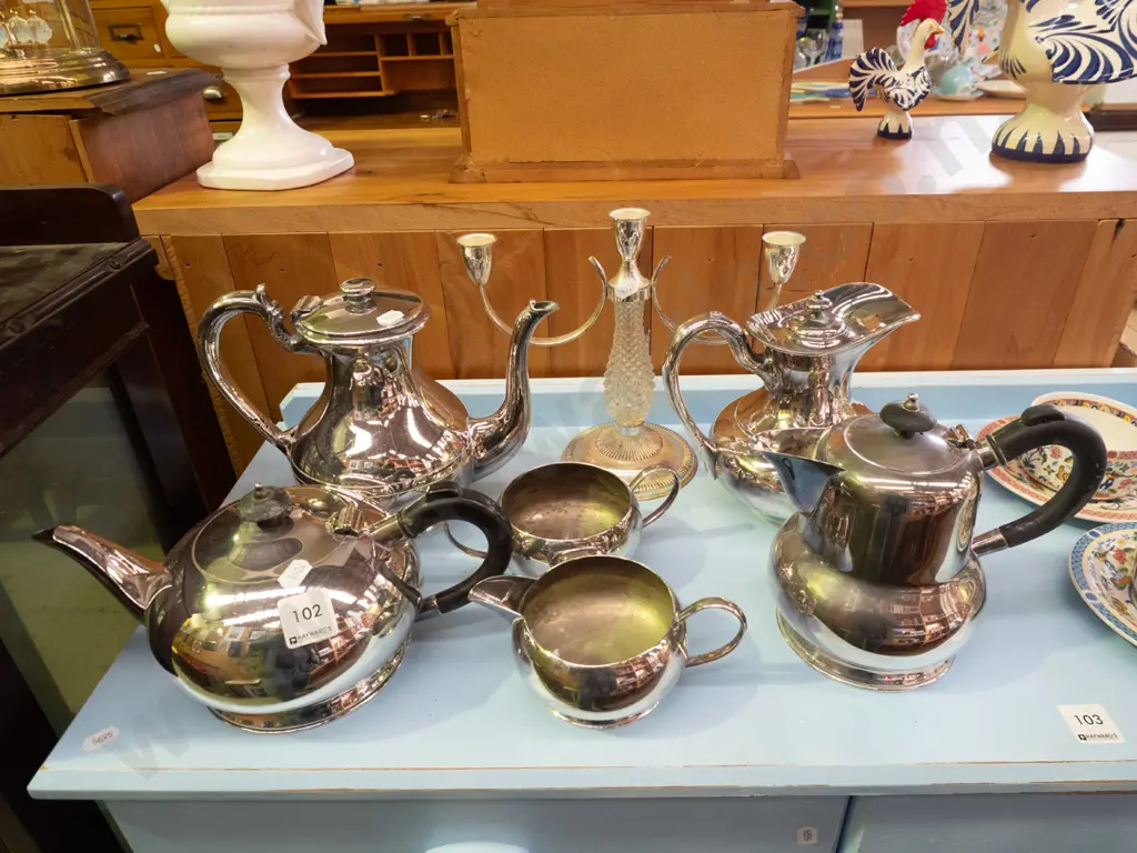 plated ware teapot, cream & sugar, candelabra Image 1++