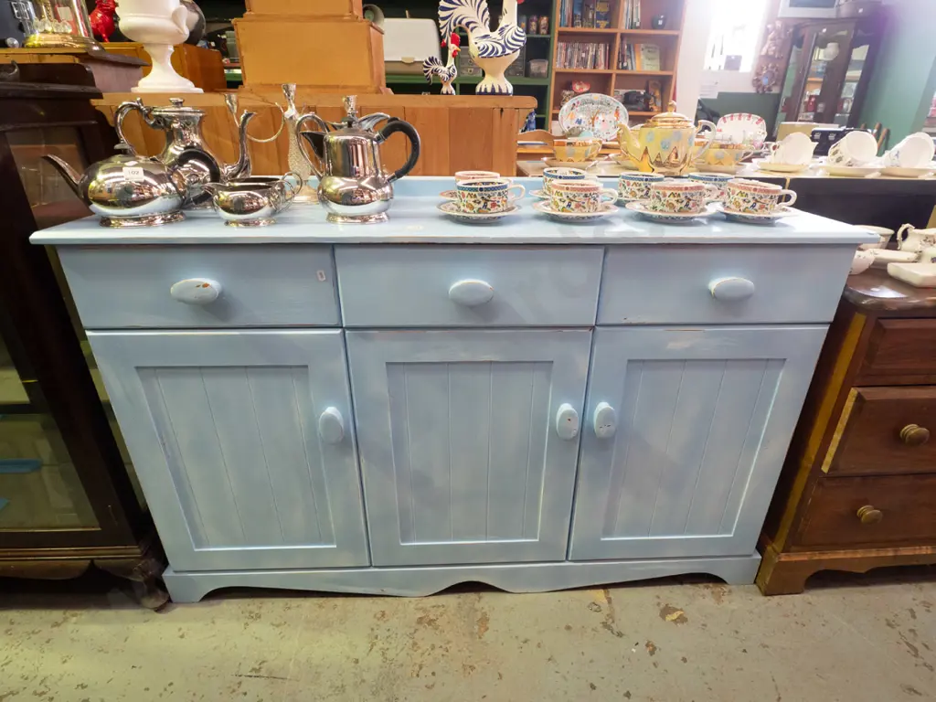 MDF and wood blue painted 3-door 3-drawer sideboard H-850 W-1310 D-370 Image 1++