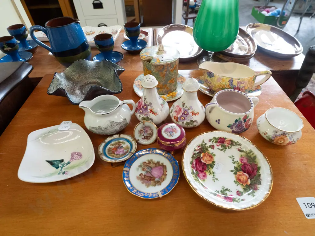 carnival glass bowl, Empire honey pot, Royal Winton gravy boat, pin dishes, etc. Image 1++