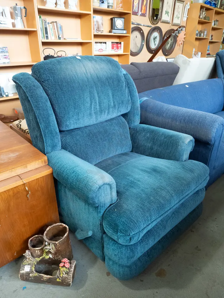 blue upholstered La-Z-Boy style recliner - staining to fabric Image 1++