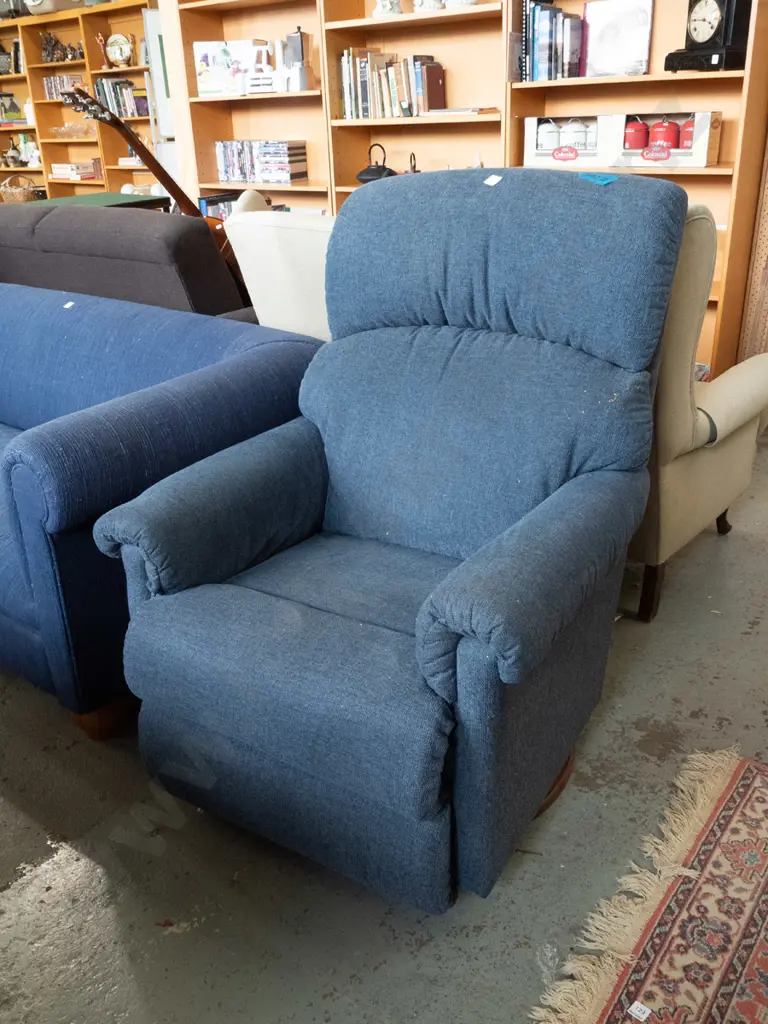 blue upholstered La-Z-Boy swivel recliner - some wear to fabric Image 1++