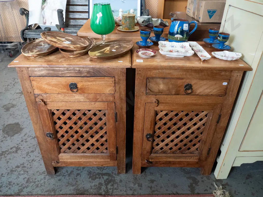 pair of hardwood 1 door, 1 drawer bedside cabinets Image 1++