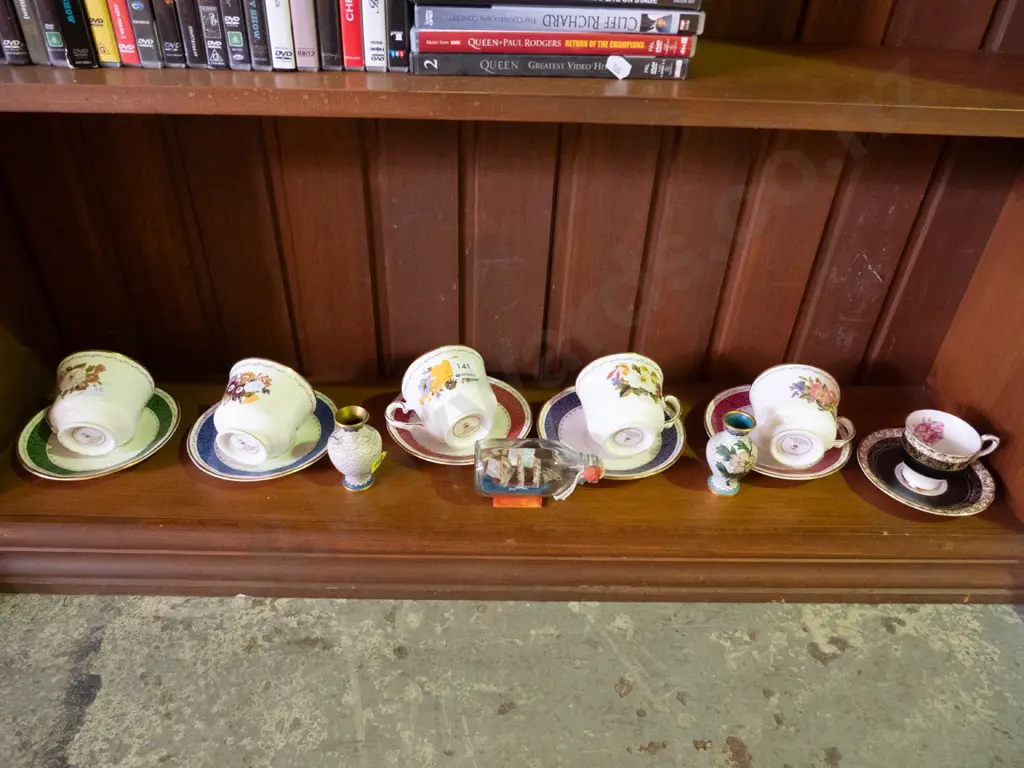 shelf of cups, saucers, 2 cloisonne vases and ship in a bottle Image 1++