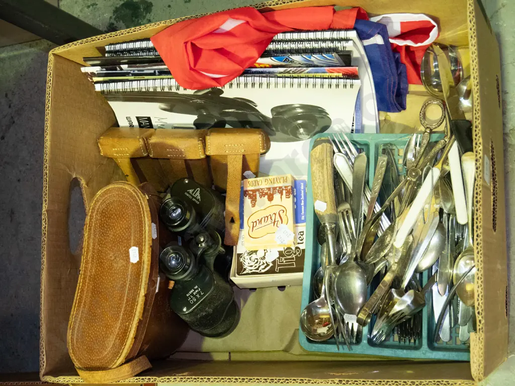 box of binoculars, music books, cutlery, playing cards, etc. Image 1++
